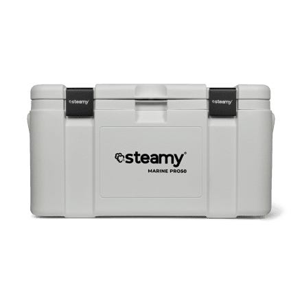 Steamy Marine Pro 50 (50 Litres) Glacière Blanc + 2x Élément de refroidissement Grande avec une grosse remise